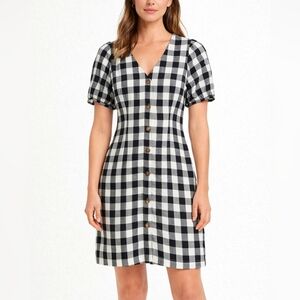 LOFT Black & White Gingham V-Neck Button Front Dress – Short Puff Sleeve